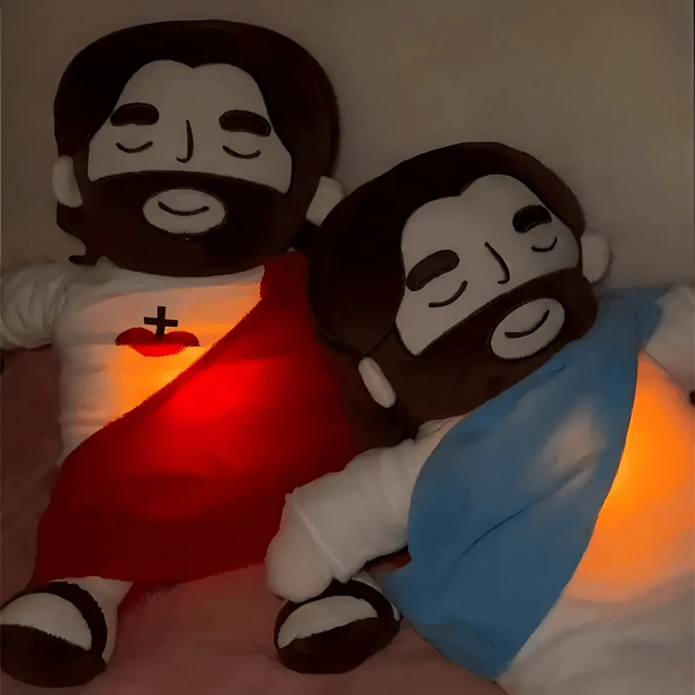 Jesus plush figure in red and blue robes
