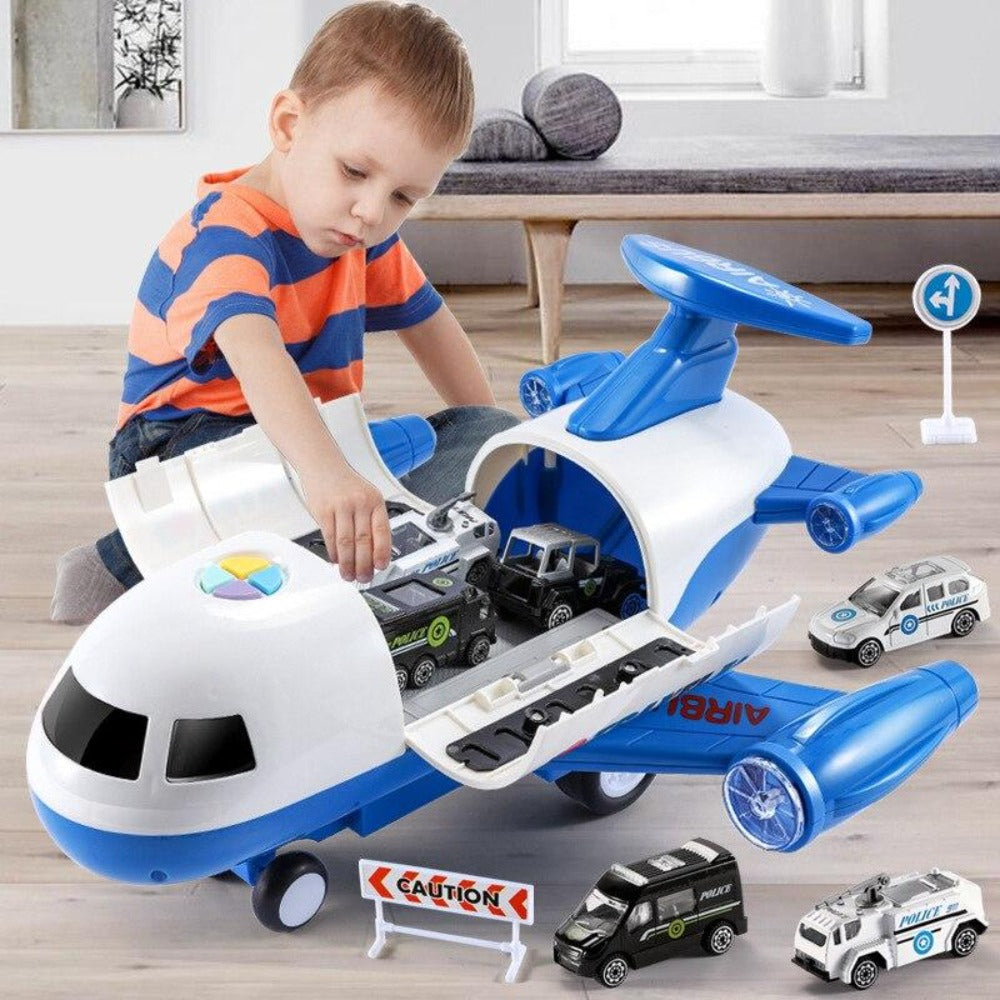 Young boy playing with the toy airplane playset and mini police cars on the living room floor.