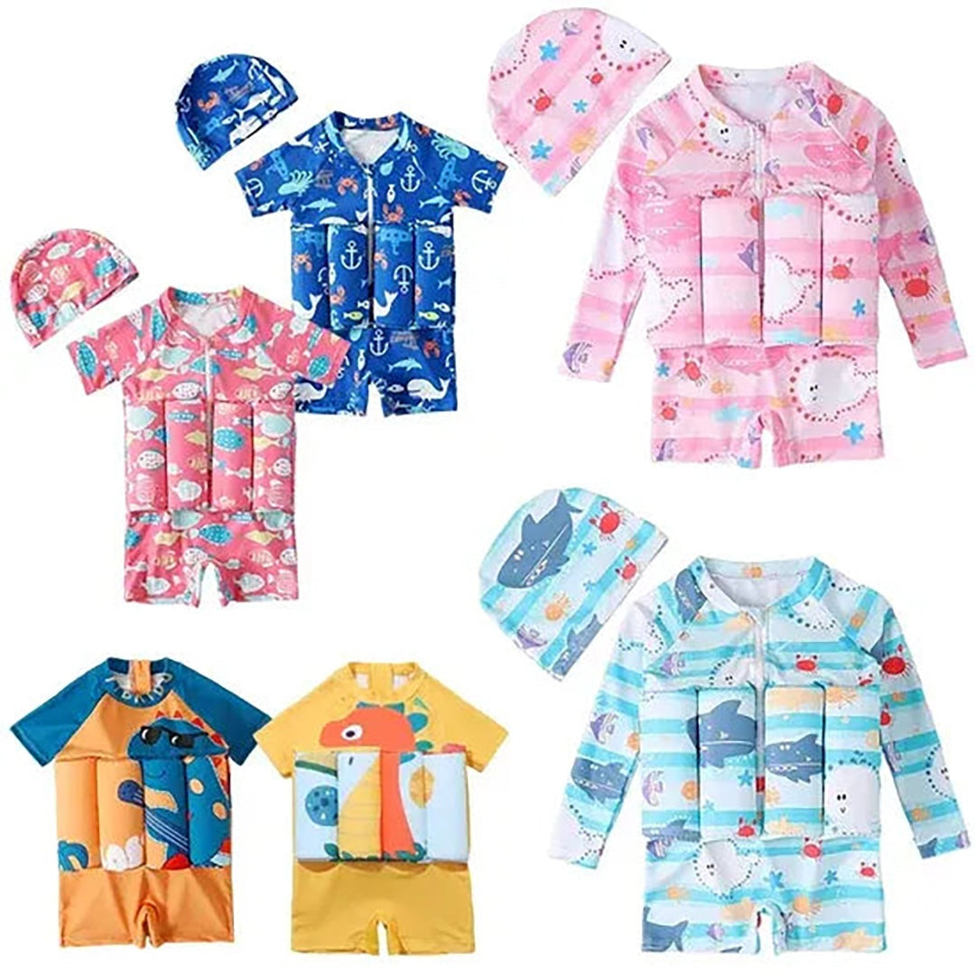 Kids' Float Swimsuit with Built In Buoyancy Pads and Swim Cap, view 4