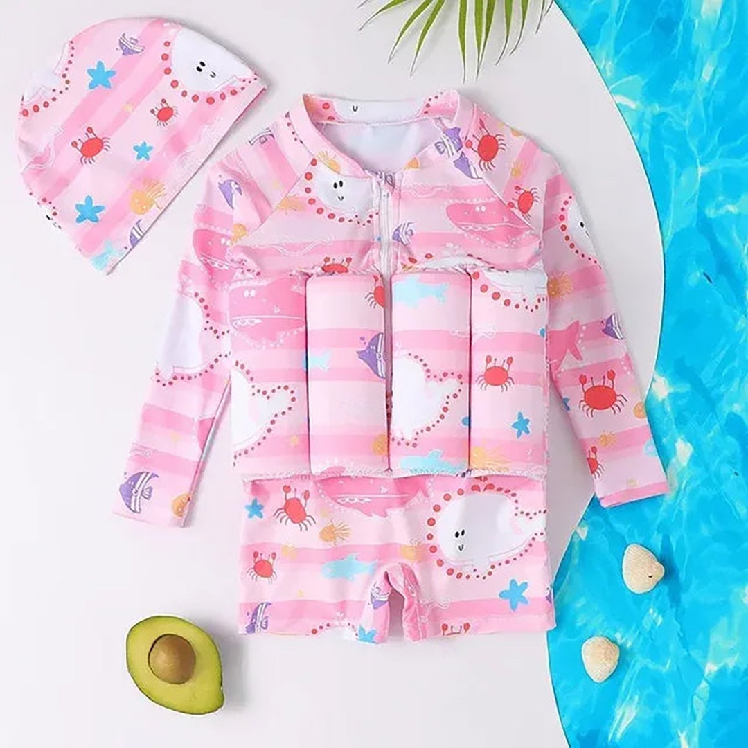 Kids' Float Swimsuit with Built In Buoyancy Pads and Swim Cap, view 8
