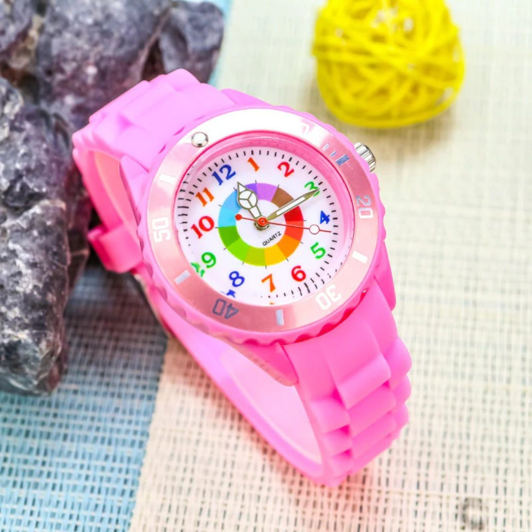 Kids' watches with silicone bands in blue, pink, white, black and light pink
