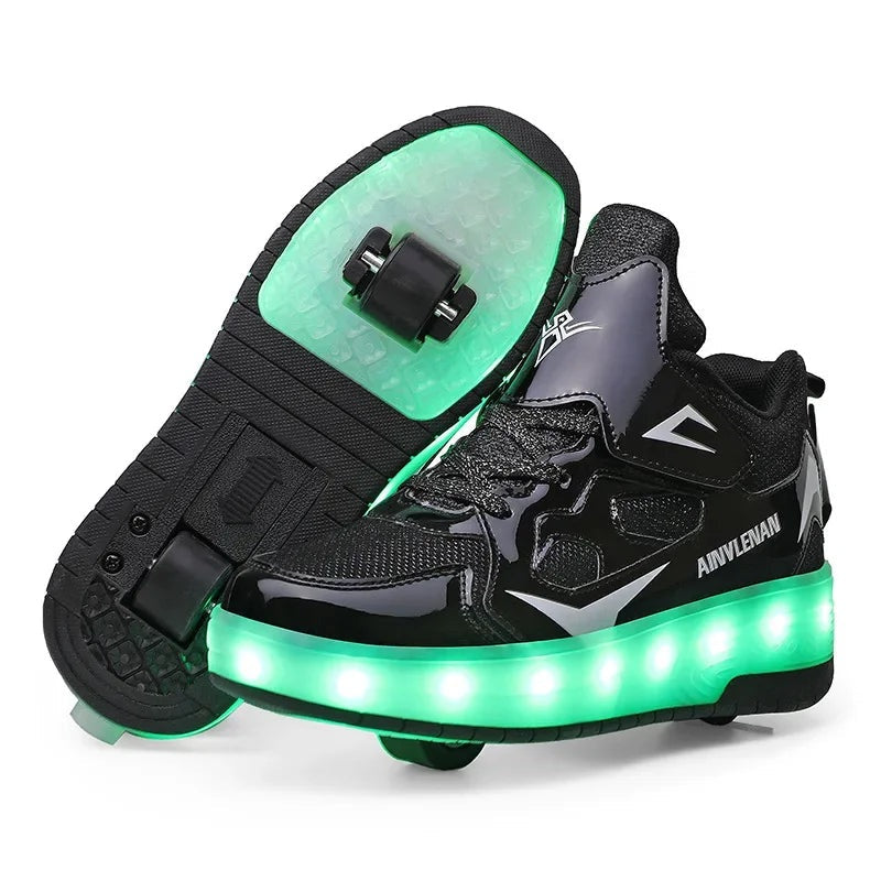Kids roller shoe with a wheel in the heel and glowing sole