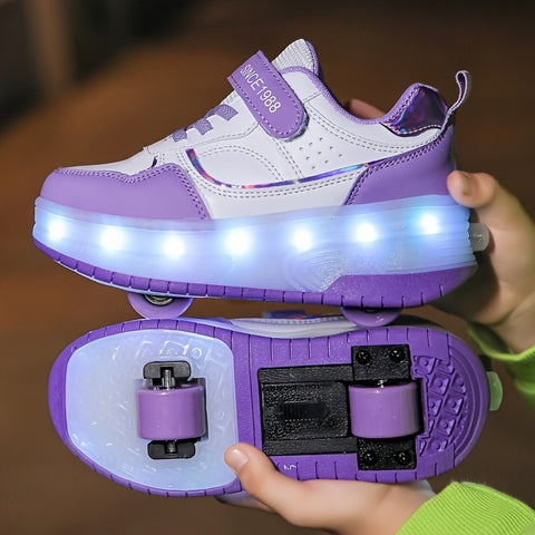 Kids sneaker with the heel wheel flipped out and glowing LED sole