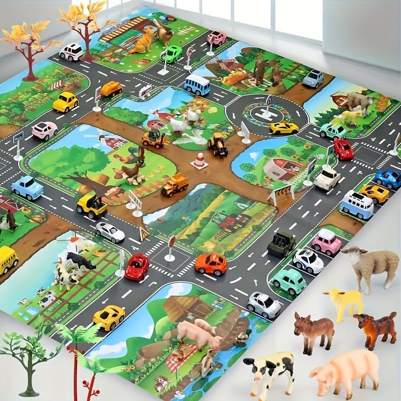 Kids play rug with roads, a farm and a parking lot
