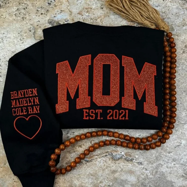 Embroidered Mom Sweatshirt by KindredLoom: Personalized Sleeve Names