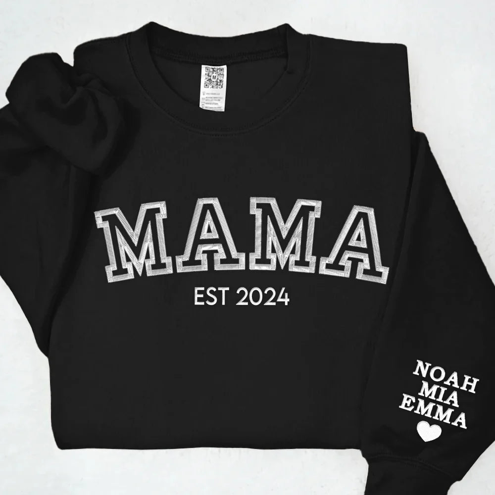 Front view of a custom embroidered sweatshirt in gray with personalized family names stitched on the chest.