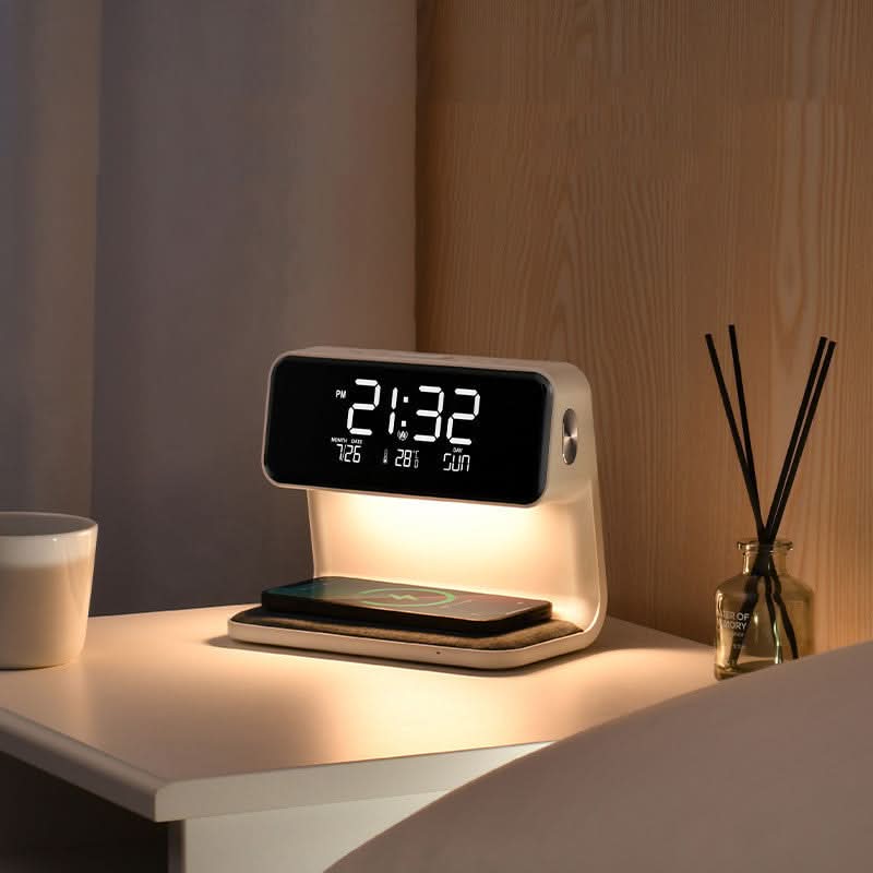 LCD Alarm Clock with Touch Dimmer Lamp and Wireless Charging Pad, view 1