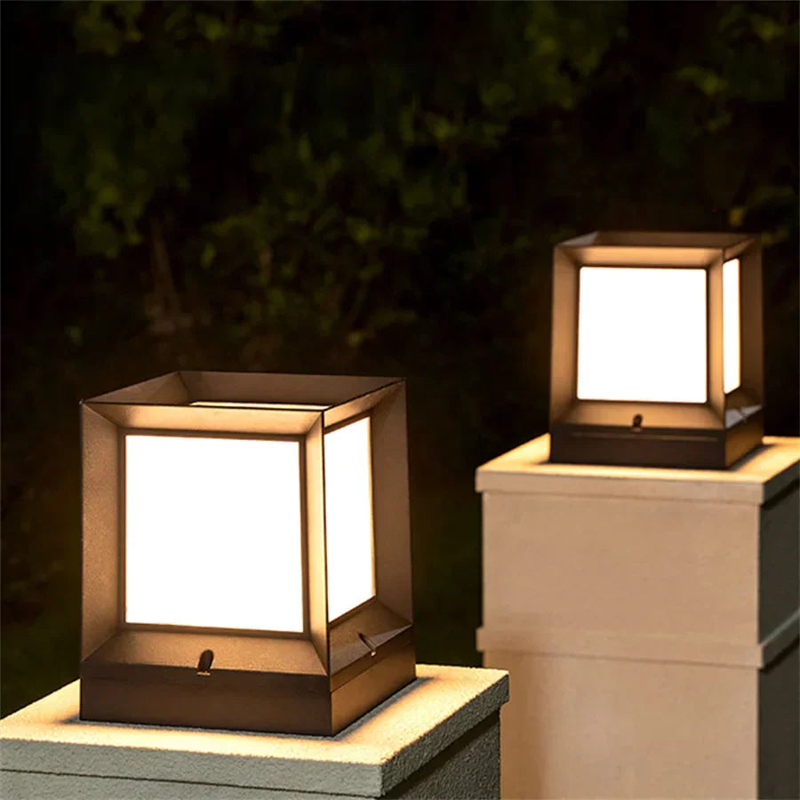 Square LED path light with acrylic cover on a patio