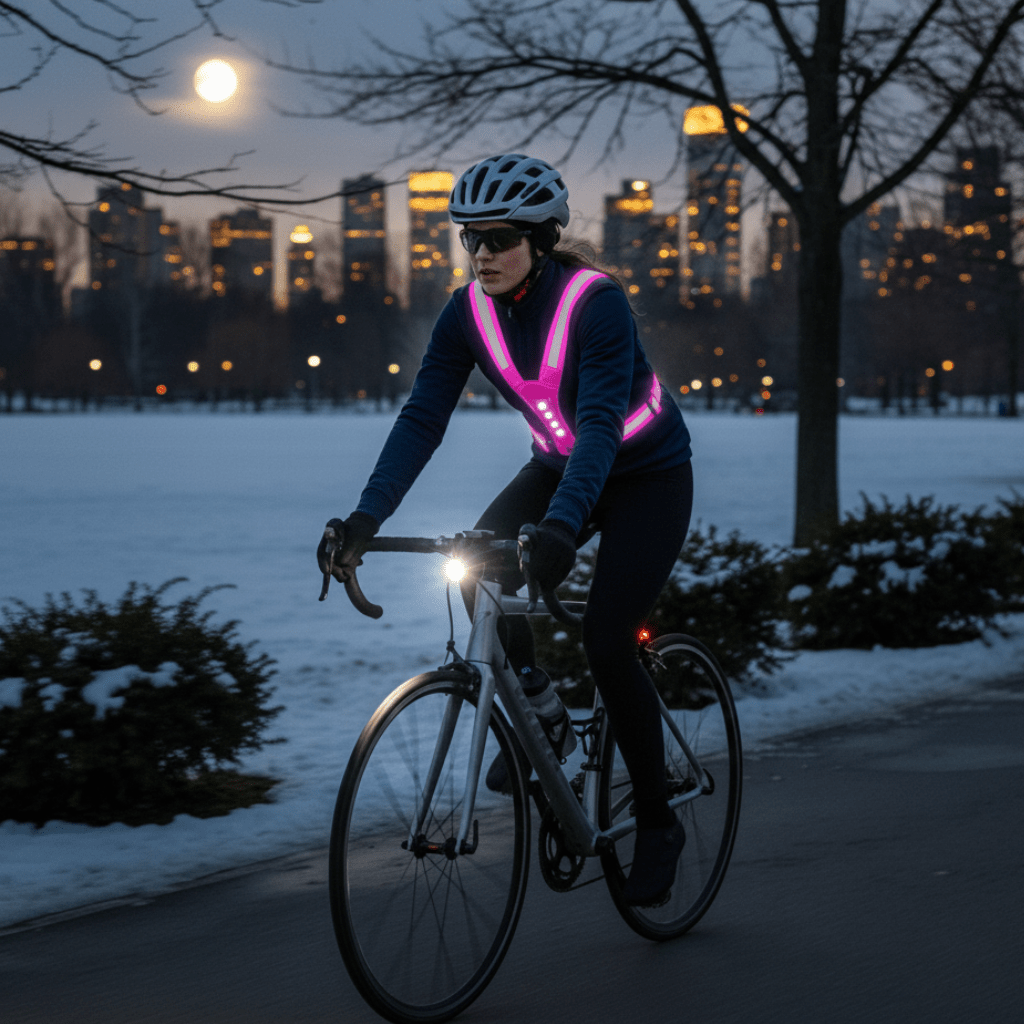 Runner wearing an LED running vest with lights on at dusk