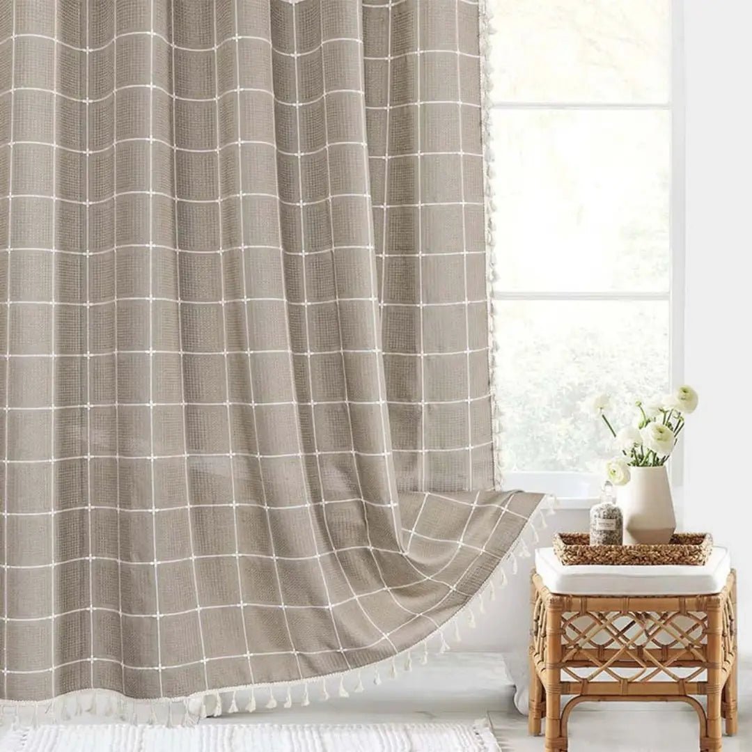 Linen Jacquard Shower Curtain with Tassel Trim and Metal Grommets, view 1