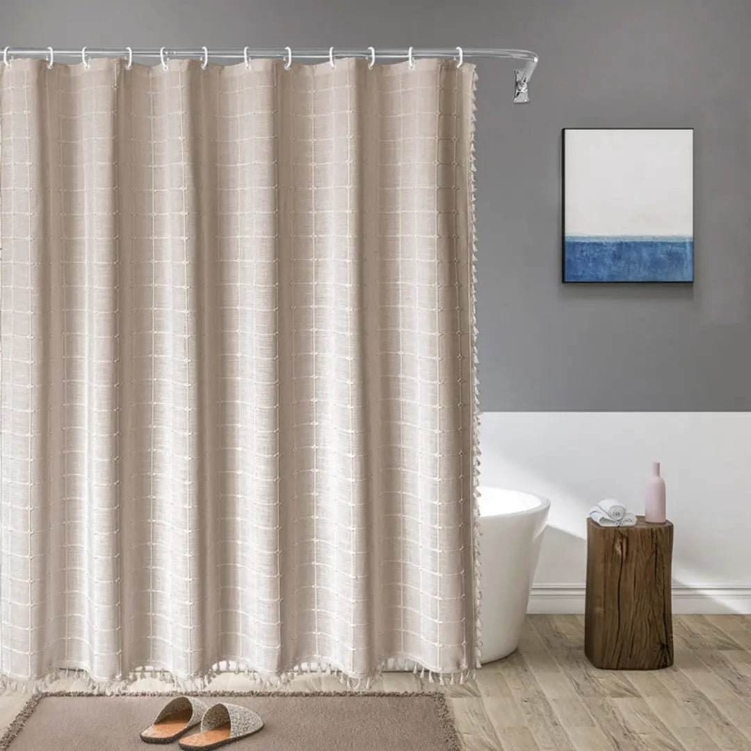 Linen Jacquard Shower Curtain with Tassel Trim and Metal Grommets, view 2