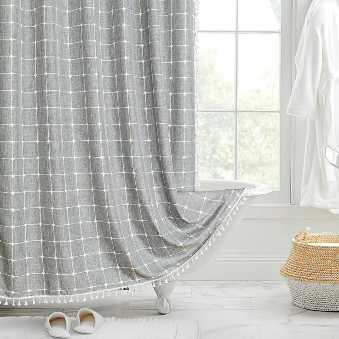 Linen Jacquard Shower Curtain with Tassel Trim and Metal Grommets, view 3