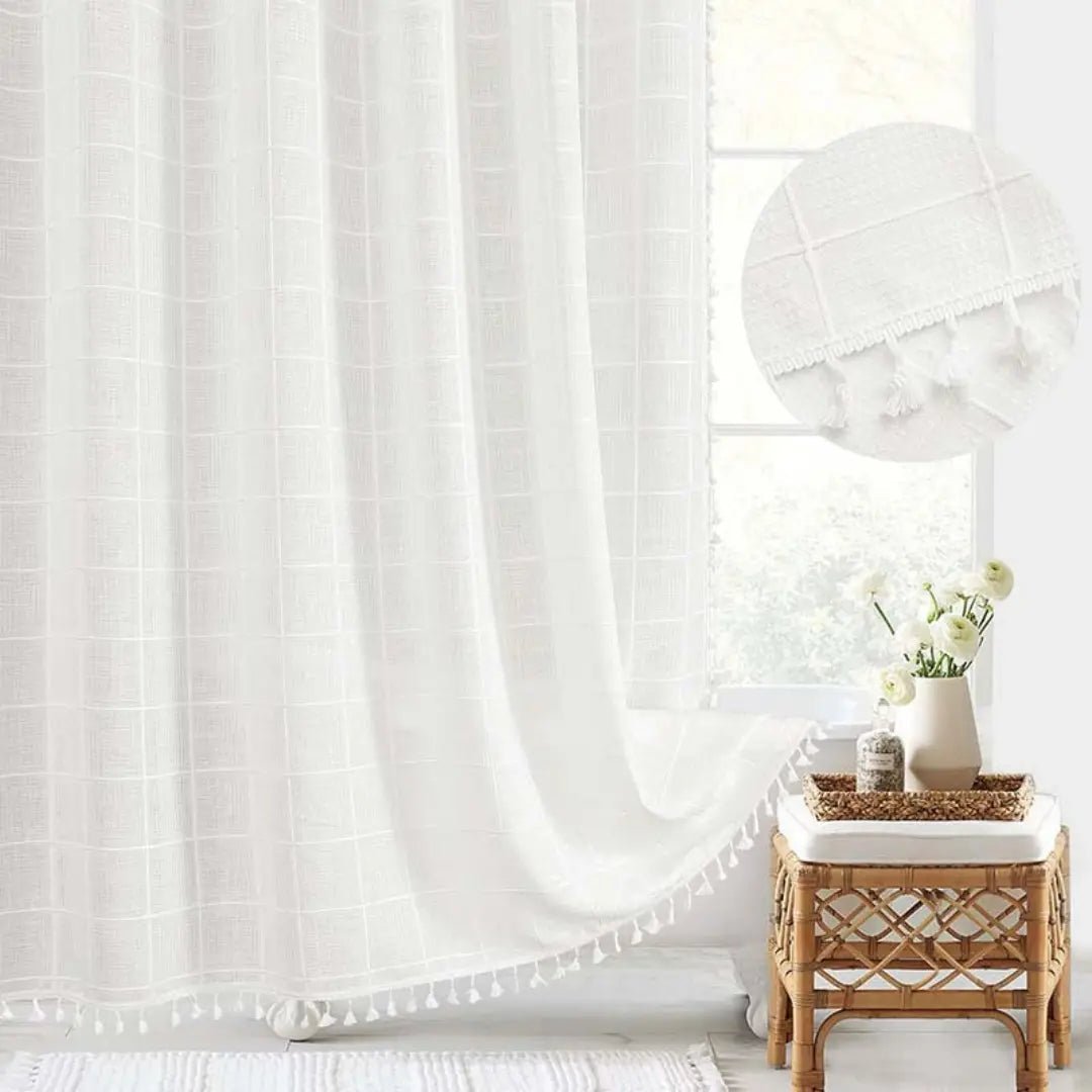 Linen Jacquard Shower Curtain with Tassel Trim and Metal Grommets, view 5