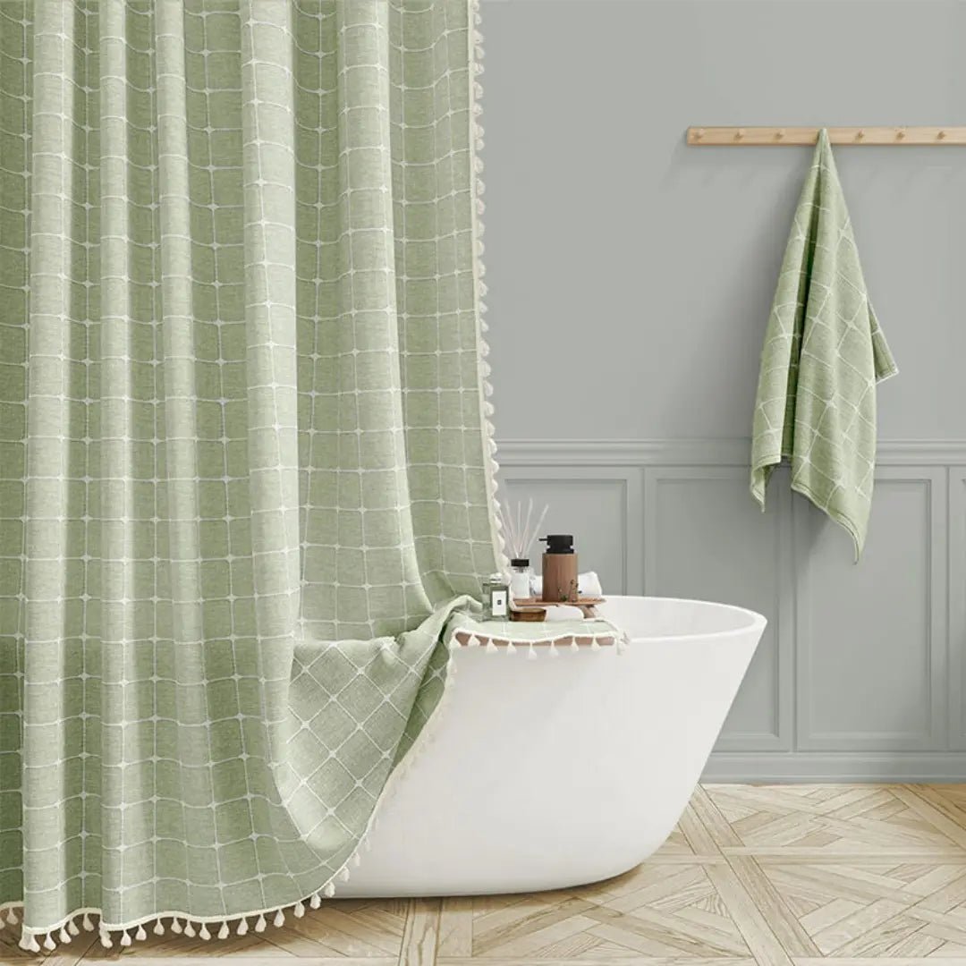 Linen Jacquard Shower Curtain with Tassel Trim and Metal Grommets, view 6