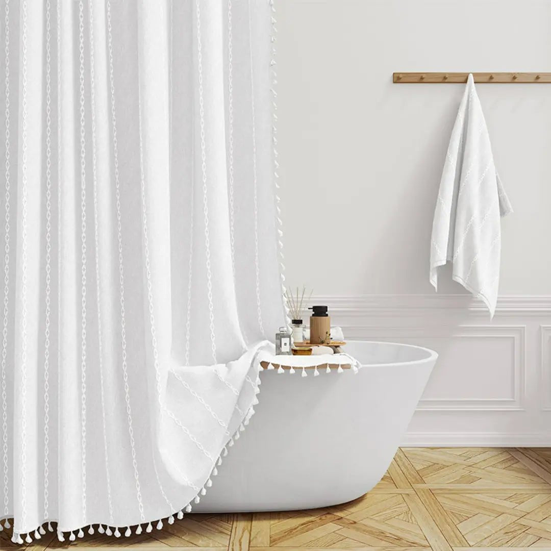 Linen Jacquard Shower Curtain with Tassel Trim and Metal Grommets, view 7