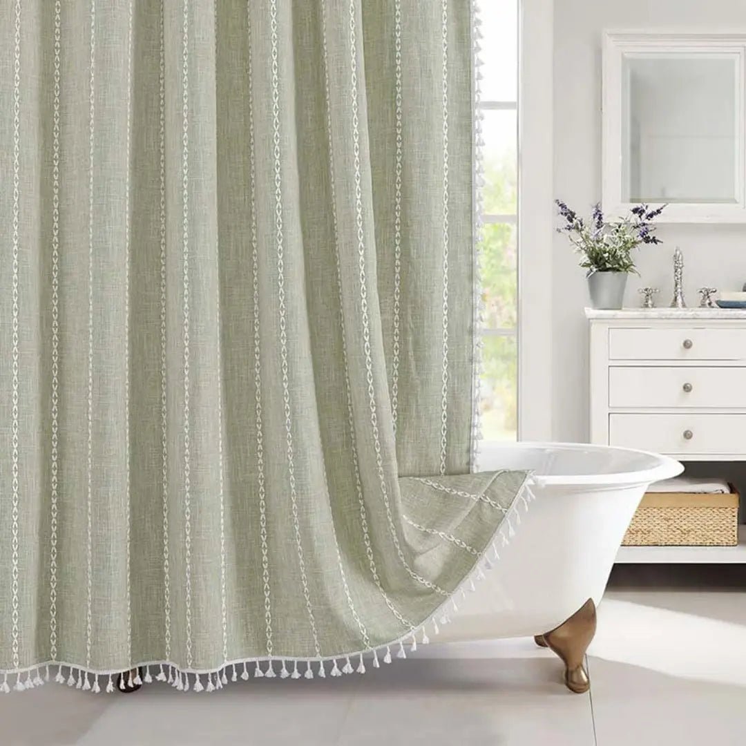 Linen Jacquard Shower Curtain with Tassel Trim and Metal Grommets, view 8