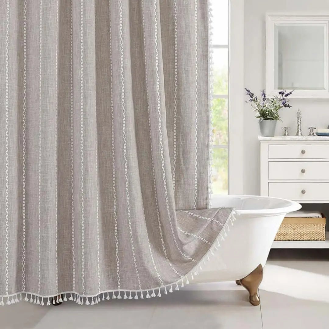 Linen Jacquard Shower Curtain with Tassel Trim and Metal Grommets, view 9
