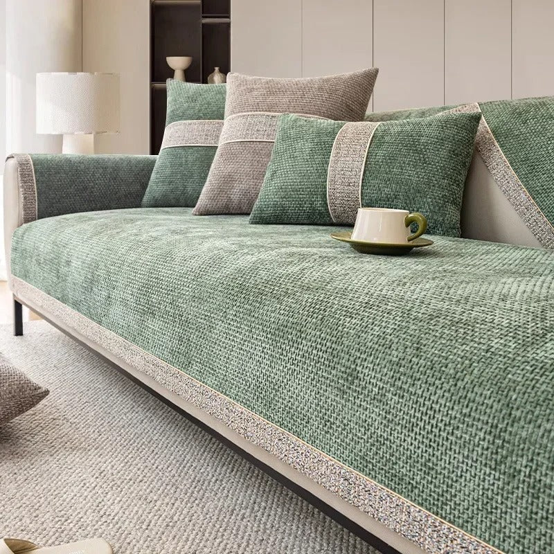 Detail of the textured linen look fabric on the sofa cover