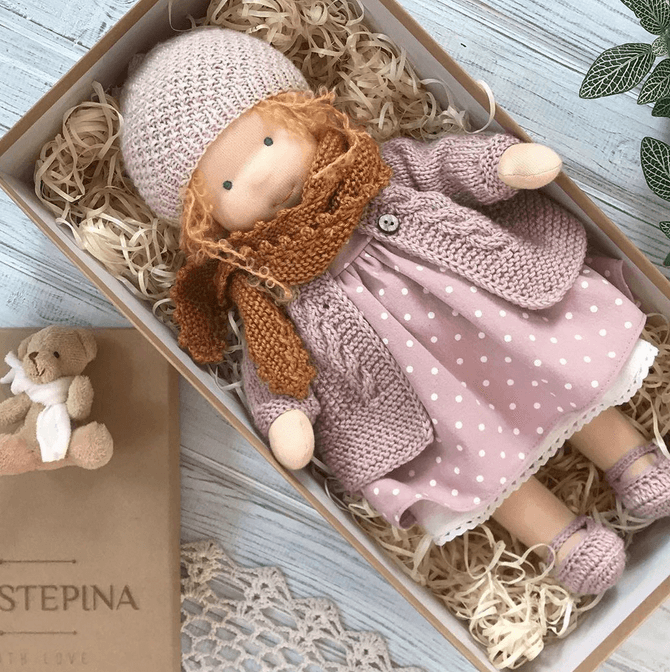 Waldorf Doll - Handmade Cotton Plush Toy for Toddlers and Kids, Soft Fabric Doll with Clothes, 8 Outfit Styles (4)