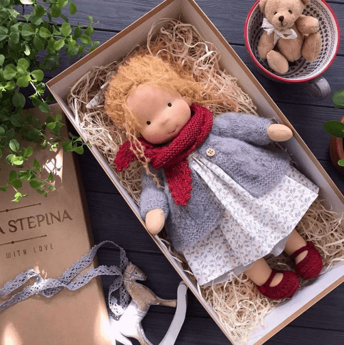 Waldorf Doll - Handmade Cotton Plush Toy for Toddlers and Kids, Soft Fabric Doll with Clothes, 8 Outfit Styles (8)