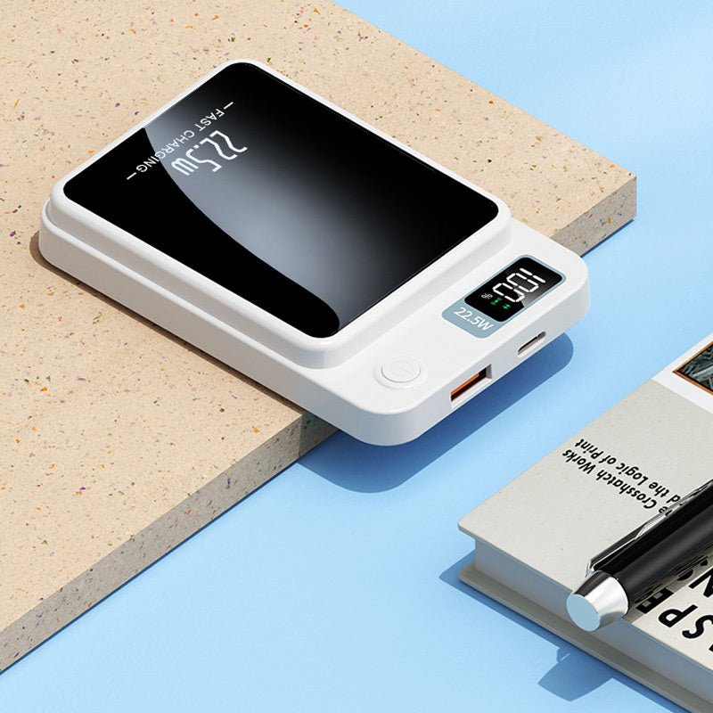 Magnetic power bank in black, white, purple and green