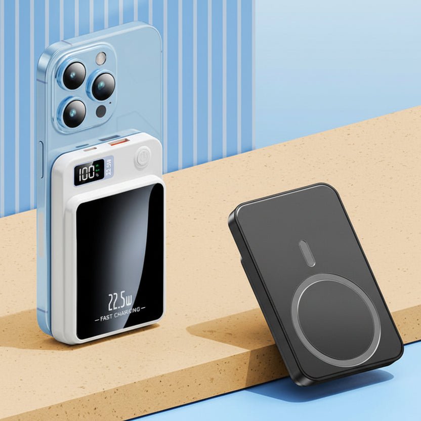 Slim magnetic power bank attached to the back of a smartphone