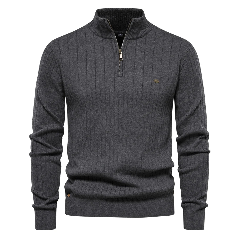 Men's Fall Zip Sweater with Stand Collar in Cotton Blend, view 3