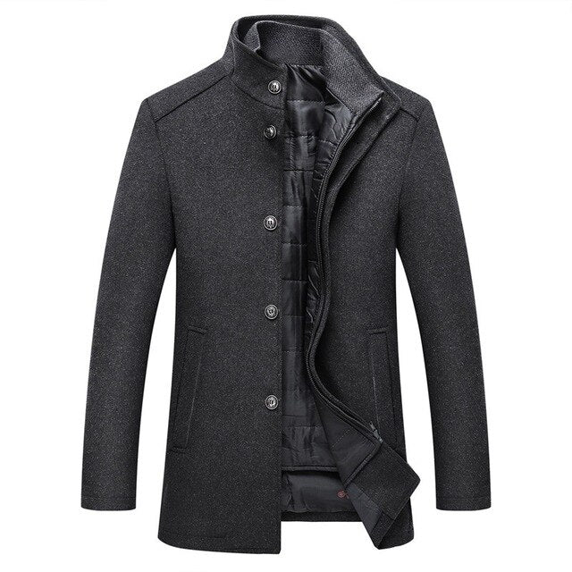 Detail of the mandarin collar on the heavy wool blend coat