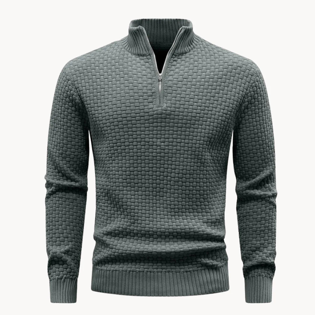 Close-up of the honeycomb knit texture and zipper at the collar