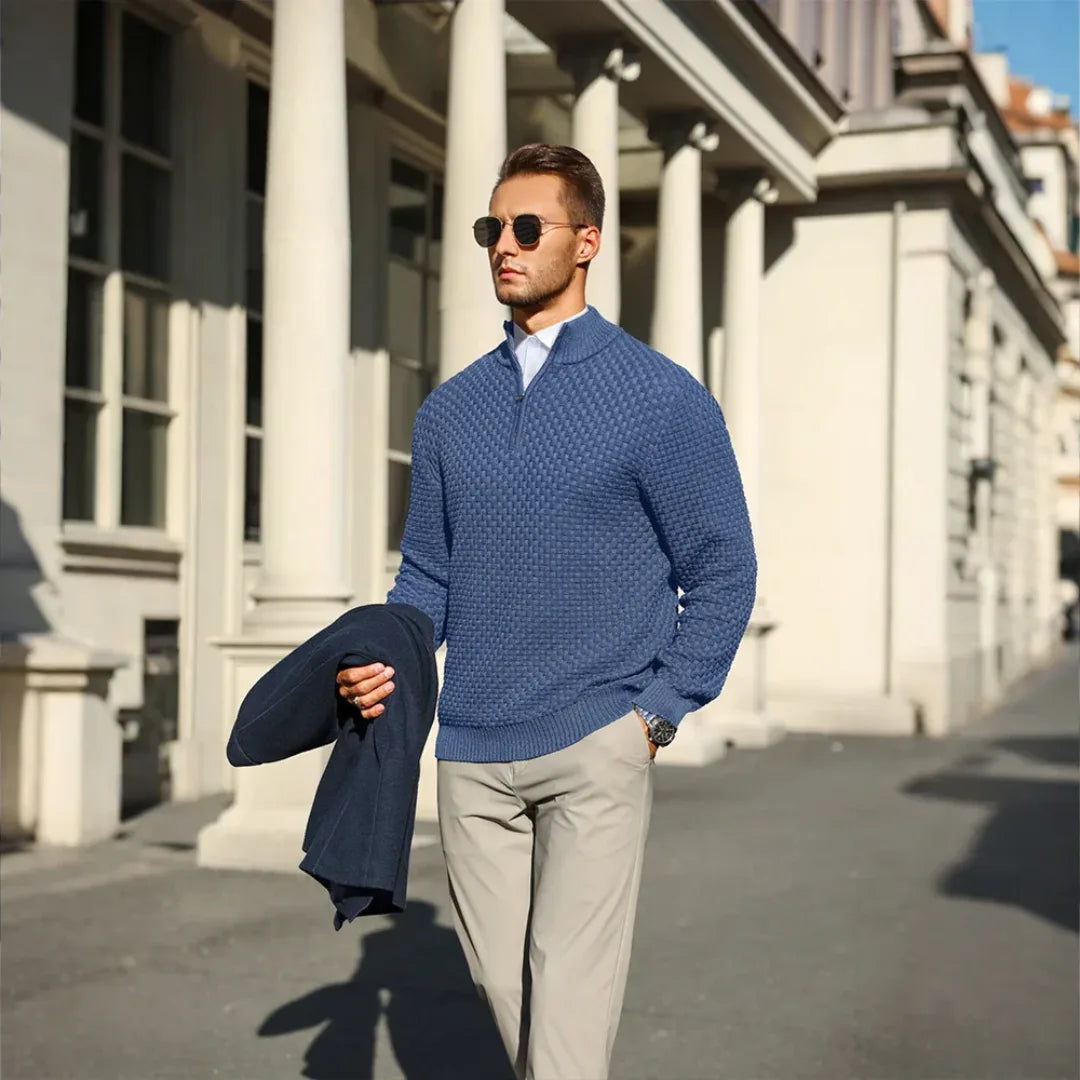 Men's Honeycomb Knit Sweater with Zip Collar in Seven Colors, view 8