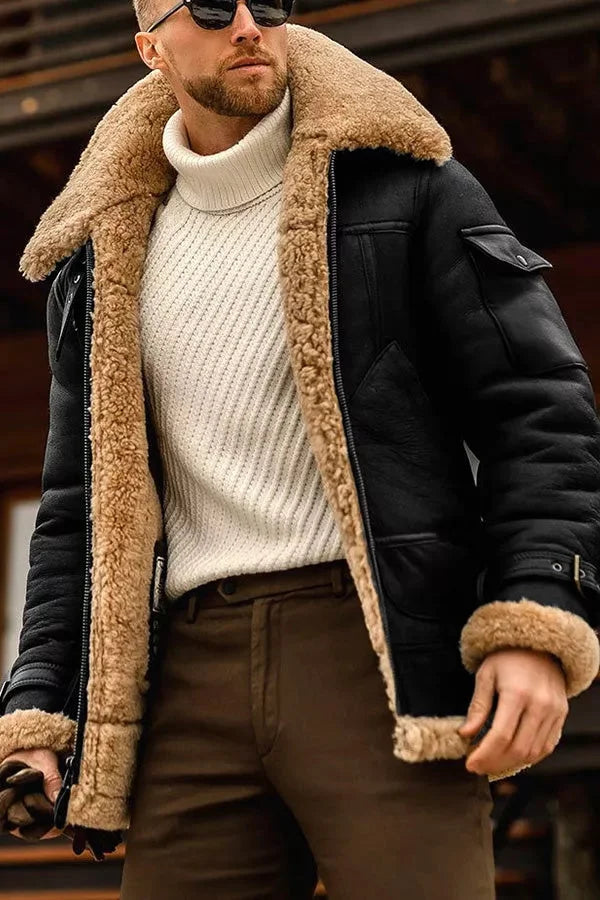 Inside of the leather jacket showing the faux fur lining