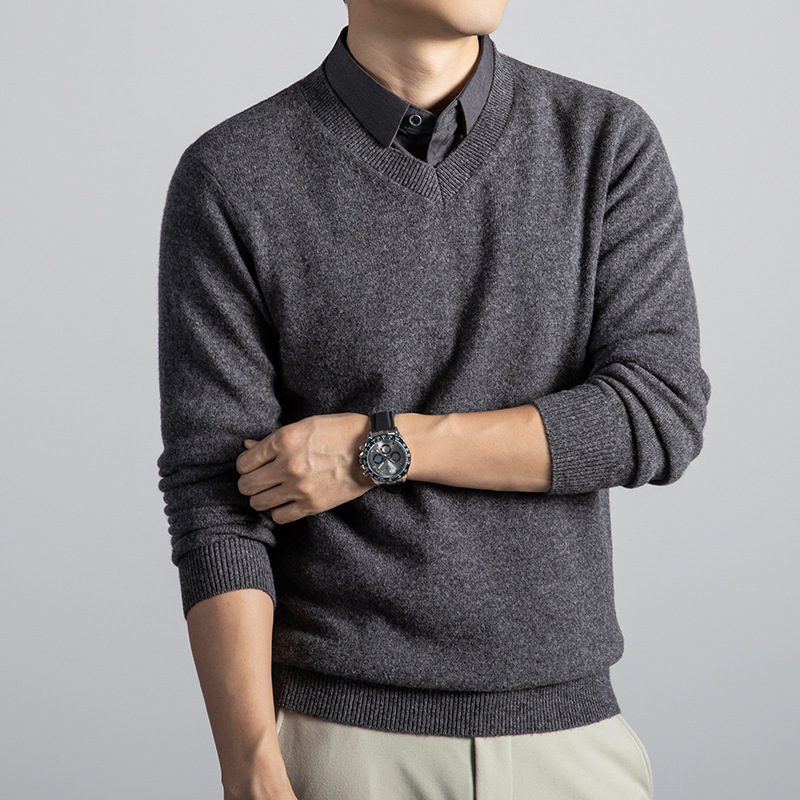 Men's Soft Knit V Neck Sweater with Ribbed Cuffs for Transitional Weather, view 3
