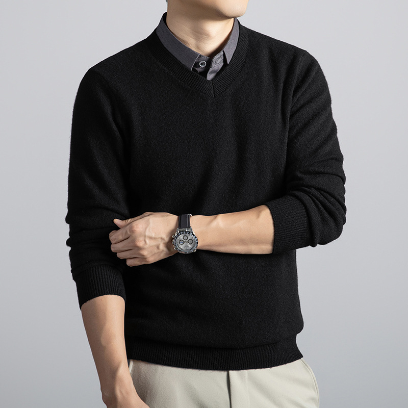 Men's Soft Knit V Neck Sweater with Ribbed Cuffs for Transitional Weather, view 4