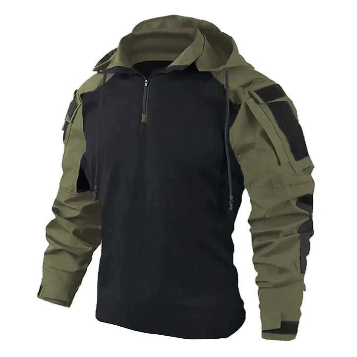 Man wearing a slim fit tactical hoodie in dark green