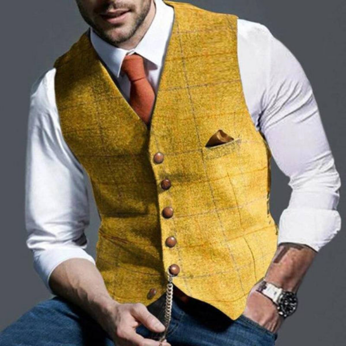 Close-up of the fine check pattern and buttons on the vest