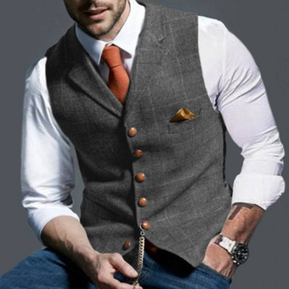 Men's Vest with Fine Check Pattern in Breathable Fabric, view 3
