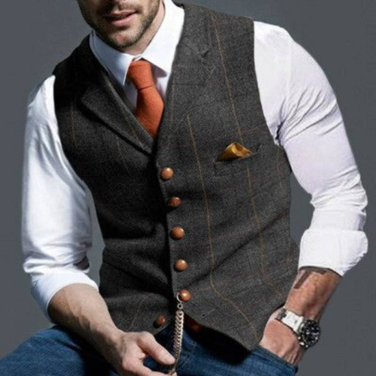 Men's Vest with Fine Check Pattern in Breathable Fabric, view 4