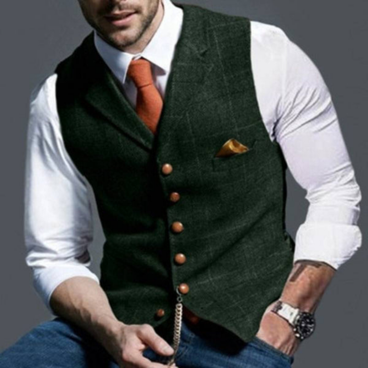 Men's Vest with Fine Check Pattern in Breathable Fabric, view 7
