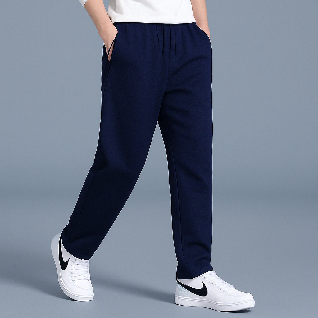 Wide leg sweatpants shown in black, dark blue, dark gray and light gray
