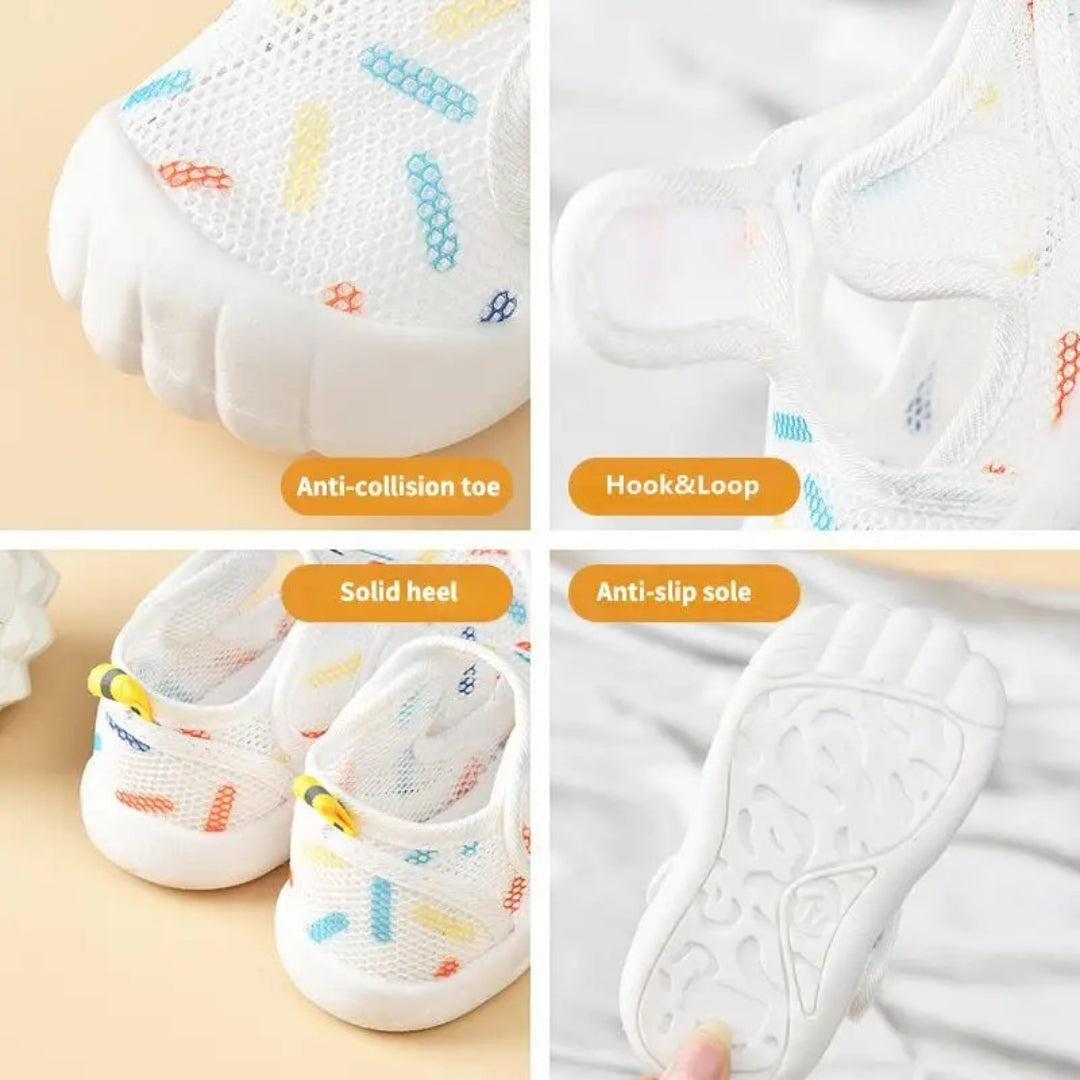 Baby sandals in blue, gray, pink and white with non slip soles