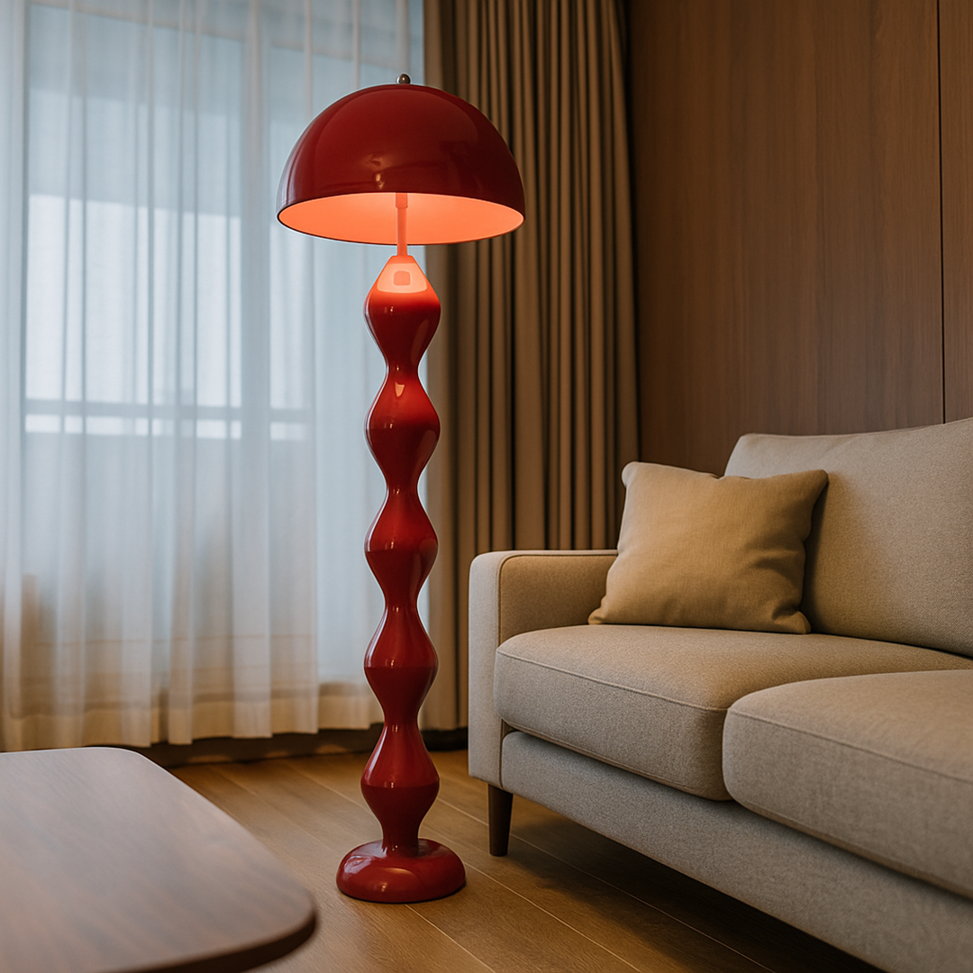 Mushroom floor lamps in black, white, light green, red and blue