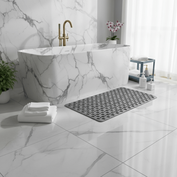 Non slip shower mat with suction cups lying in a bathtub