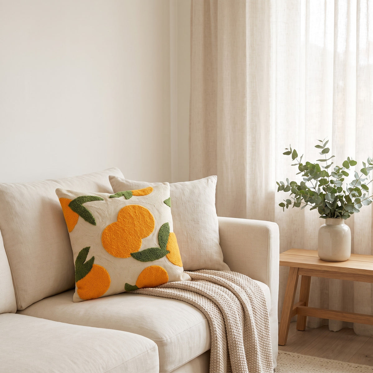 Orange Embroidered Cushion Cover | Textured Accent Pillow