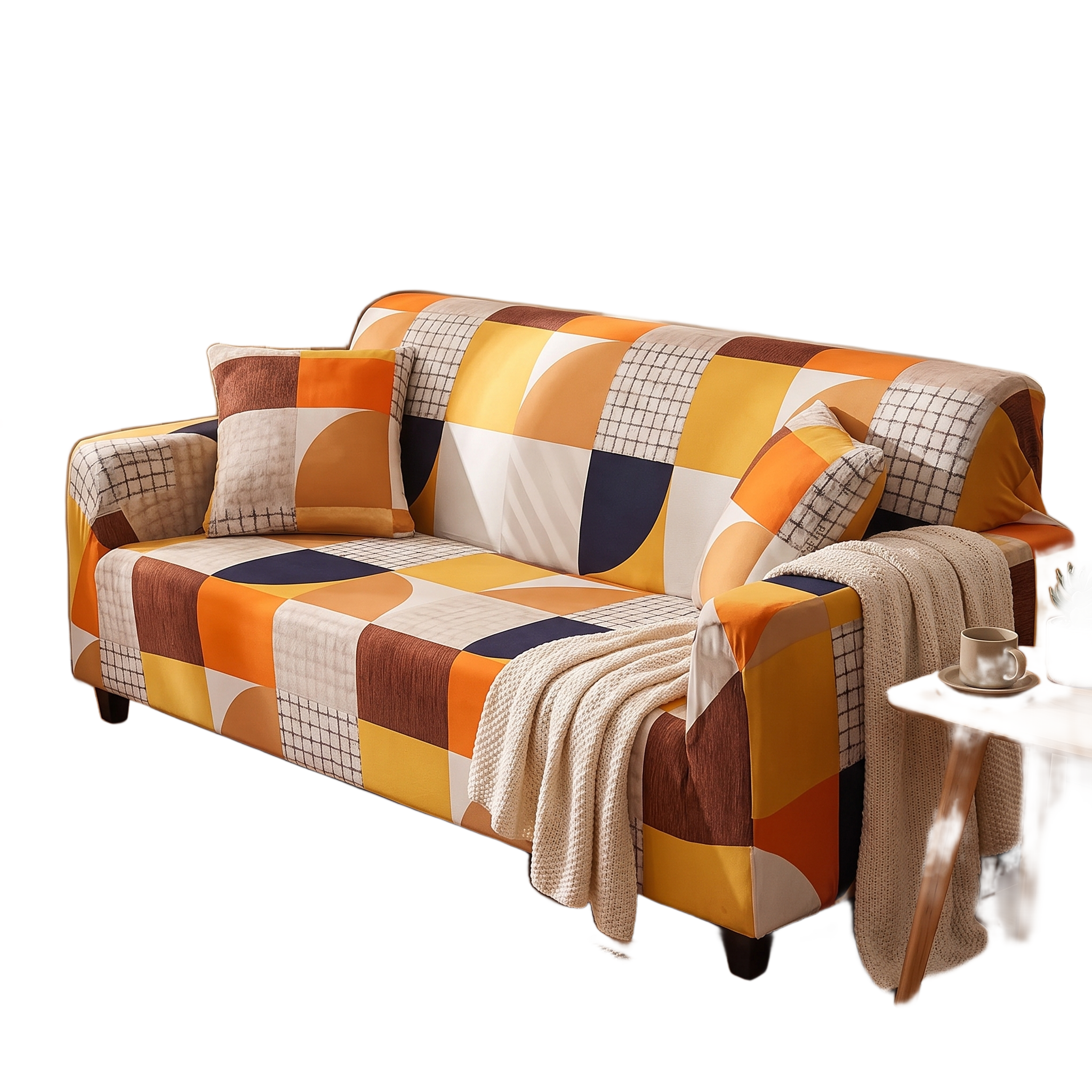 Stretch Sofa Slipcover – Orange Brown Mustard Geometric Print – product photo on a white background | Brivenzo