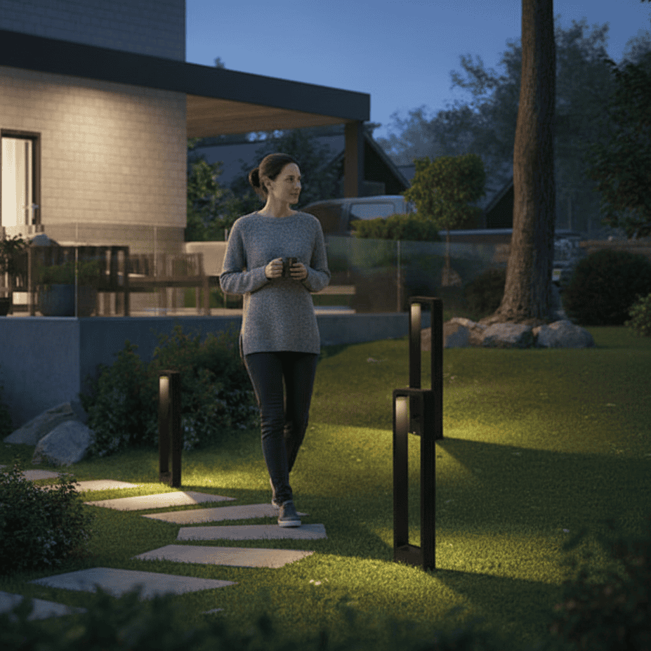 Outdoor LED pathway light staked along a garden path at dusk