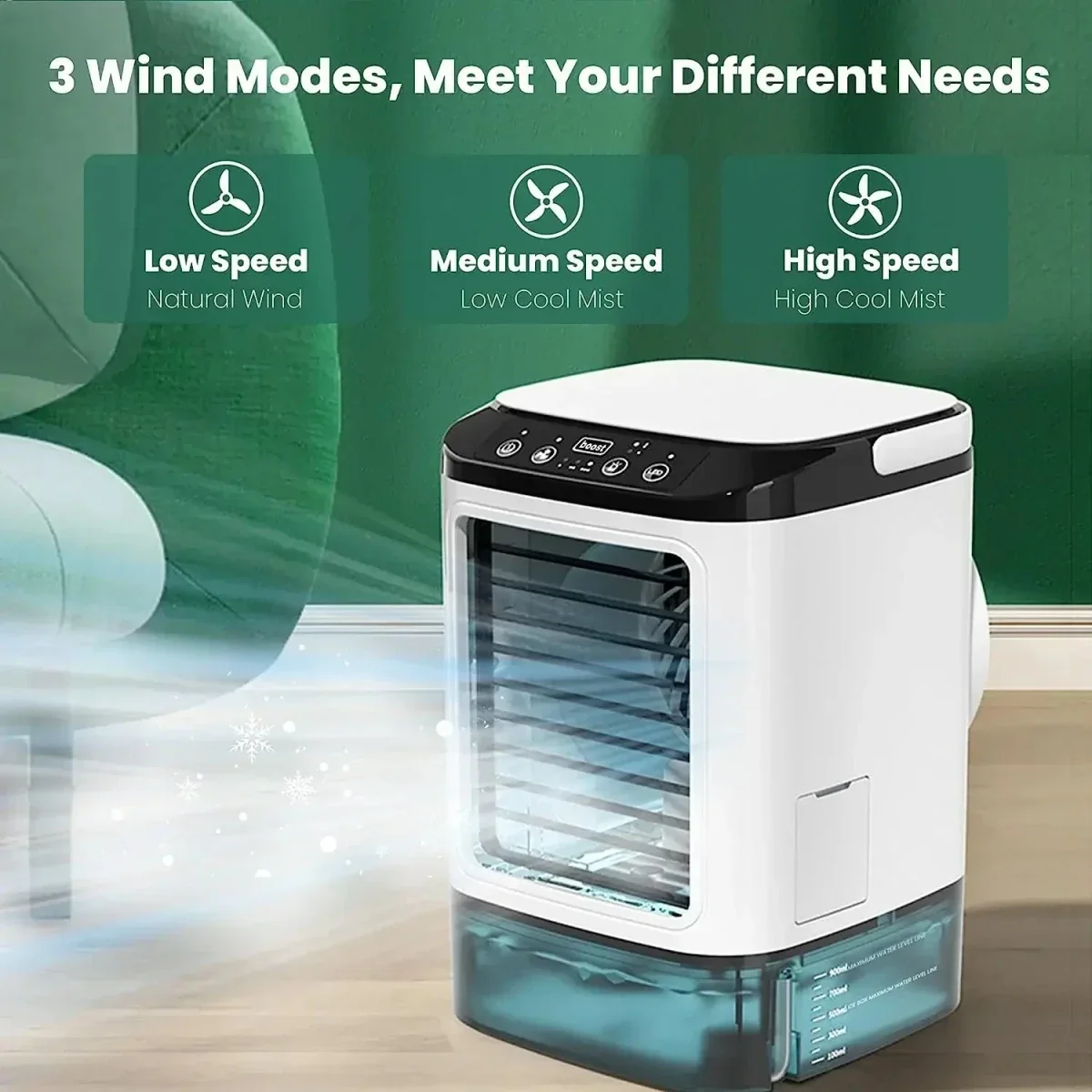 Portable fan with humidifier and water tank on a desk