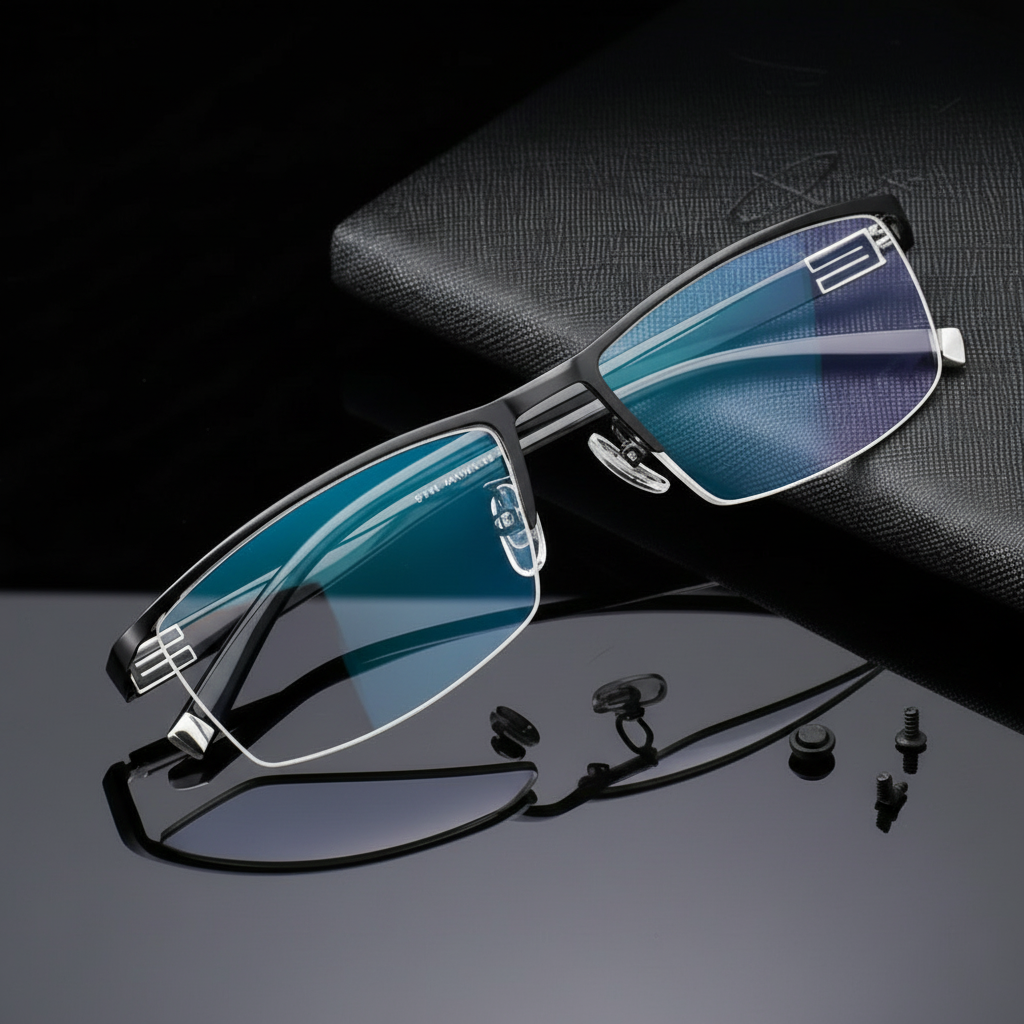Person wearing multifocal reading glasses outdoors
