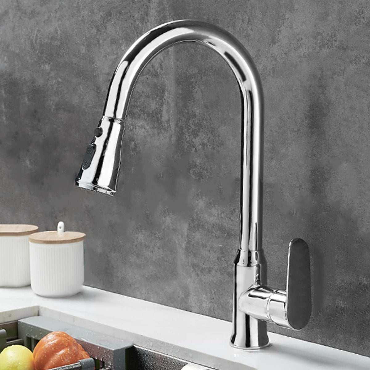 Kitchen faucet shown in chrome, brushed, black and gray finishes