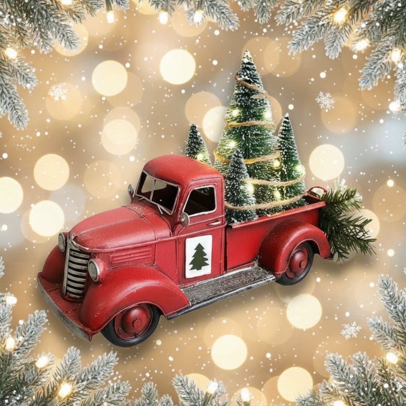 Red Pickup Truck Christmas Ornament with Mini Tree, 4.7 x 5.9 x 3.5 in, view 3