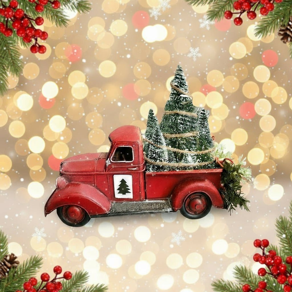 Red Pickup Truck Christmas Ornament with Mini Tree, 4.7 x 5.9 x 3.5 in, view 9
